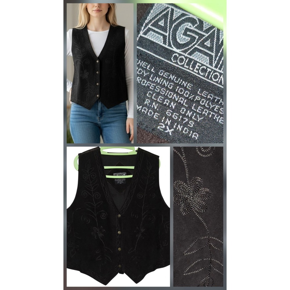 Vintage AGAPO Collection Black Embroidered Suede Vest Women's Floral Size 2x‎